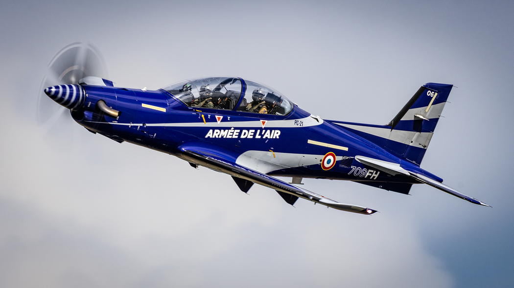 French Air Force PC-21 Trainer, banking nicely on take off.